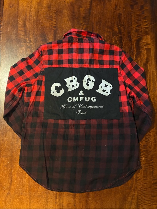 SO Tops - Upcycled CBGB OMFUG Graphic Ombré Dyed Red and Black Plaid Flannel Shirt Sz Med
